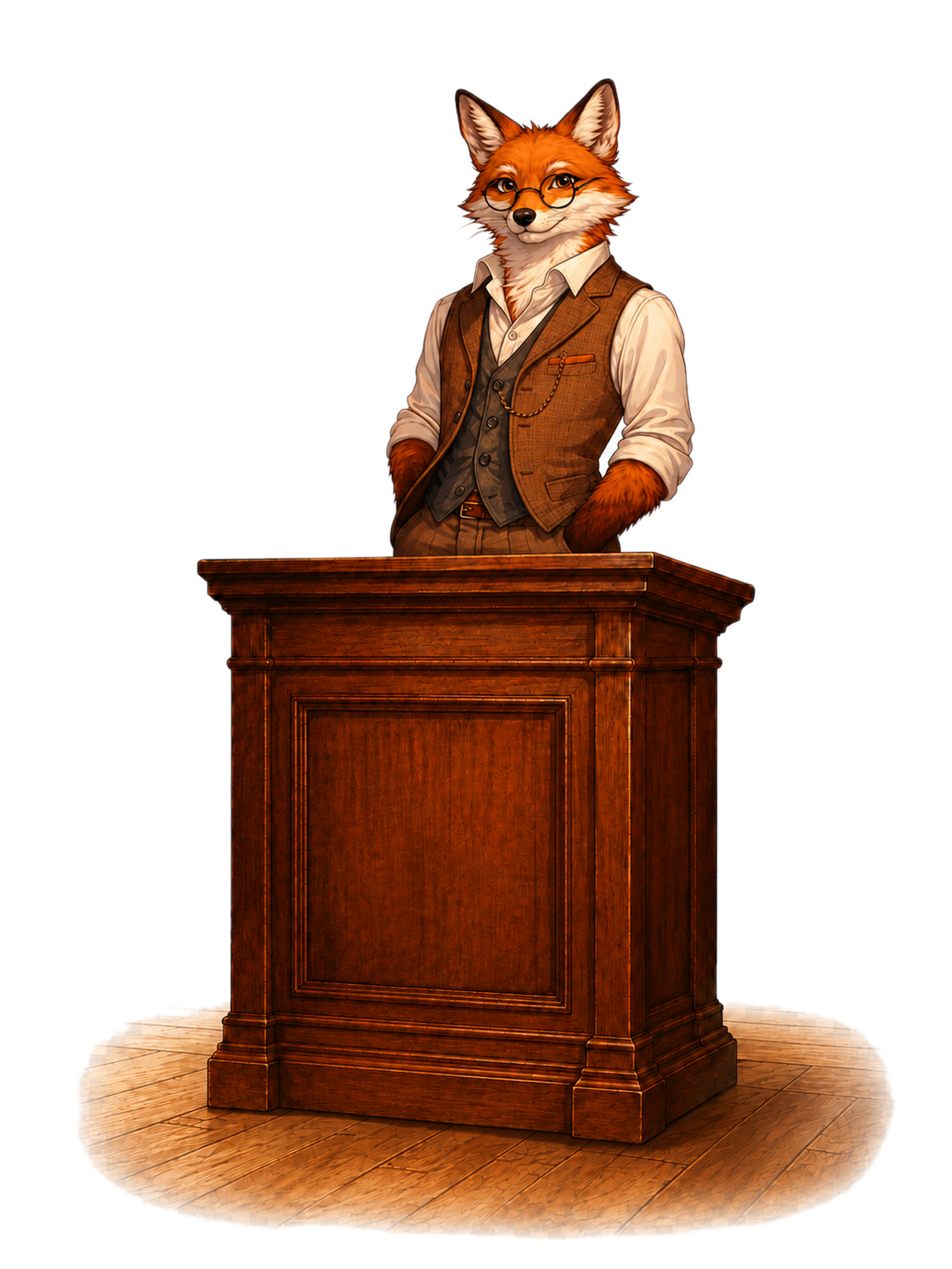 The Civic Fox standing behind a well-loved wooden professor's podium on a softly sketched hardwood floor, wearing round glasses, a vest, and a white shirt.